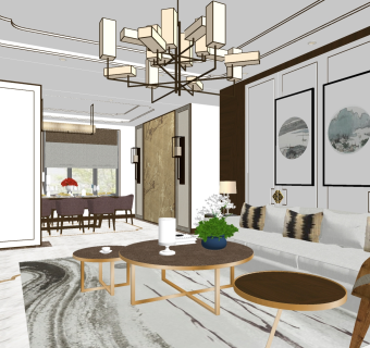 中式客餐厅su模型，客厅sketchup模型