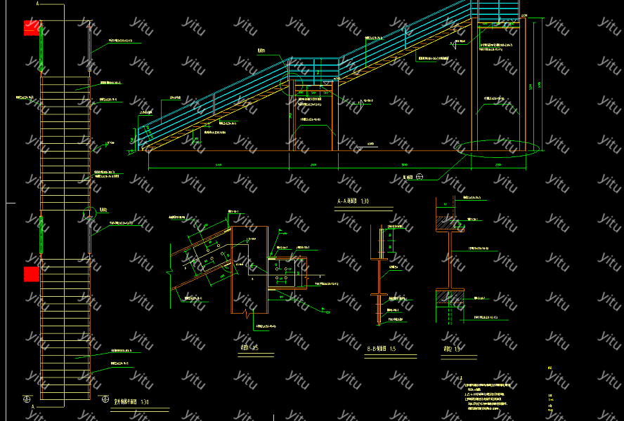 某室外直跑钢楼梯结构设计图纸钢结构cad工程图纸下载