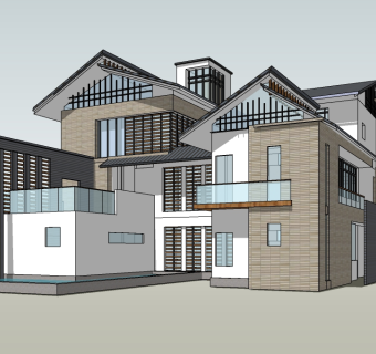 新中式独栋别墅su模型免费下载，别墅sketchup模型下载
