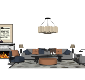 简美沙发组合su模型，沙发组合sketchup模型下载