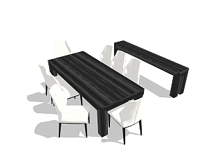 现代实木餐桌椅su模型，长餐桌餐厅餐桌草图大师模型下载
