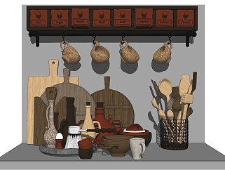 现代实木器皿碗勺餐具组合su模型，餐具草图大师模型...