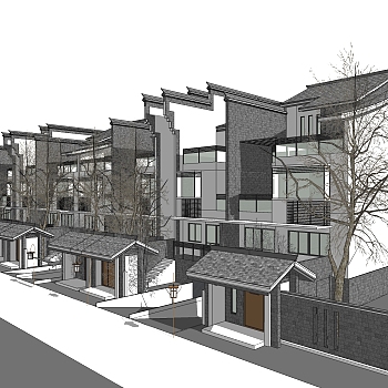 新中式徽派建筑草图大师模型，古建民俗sketchup模型免费下载