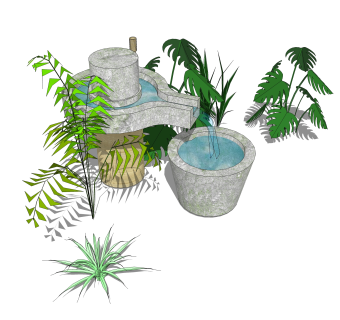 美丽乡村石磨和植物组件skp模型，石磨和植物sketchup模型下载