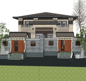 中式联排别墅su模型，别墅skb文件下载