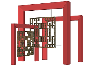 新中式门雕塑su模型,摆件草图大师模型下载
