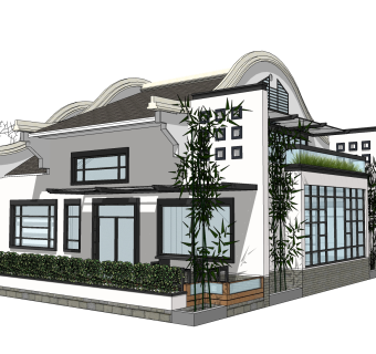 新中式徽派建筑草图大师模型，古建民俗sketchup模型免费下载