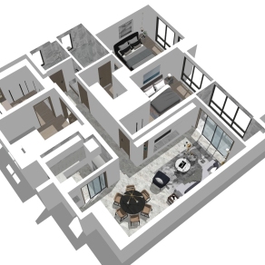 现代简约大平层户型透视草图大师模型，大平层户型透视sketchup模型下载