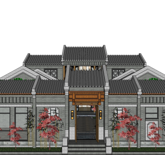 中式别墅庭院su模型下载、中式别墅庭院草图大师模型下载