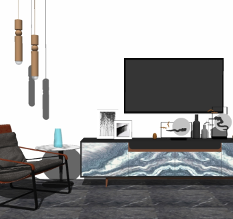 新中式实木电视柜su模型，电视柜草图大师模型下载