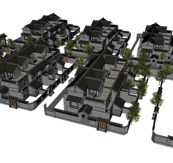 中式联排别墅su模型，别墅skb文件下载