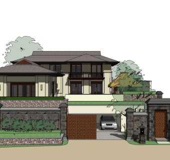 东南亚风格别墅su模型下载、东南亚风格别墅草图大师模型下载
