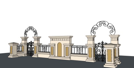 法式庭院大门及围墙草图大师模型，围墙sketchup模型skp文件下载