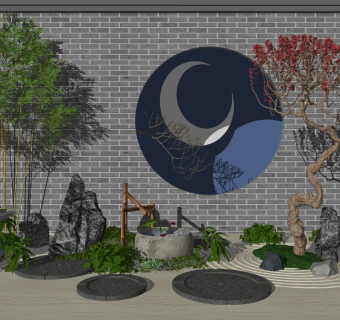 新中式假山梅花背景墙小品，园艺小品sketchup模型免费下载