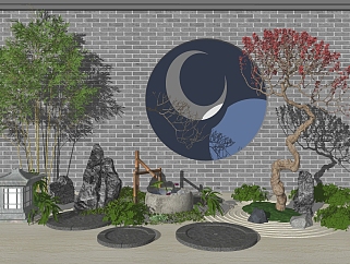 新中式假山梅花背景墙小品，园艺小品sketchup模型免费下载
