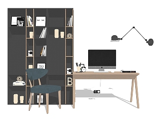 现代实木书桌椅装饰柜组合su模型，书桌sketchup模型下载