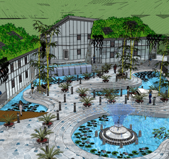 中式建筑酒店民宿，sketchup模型免费下载