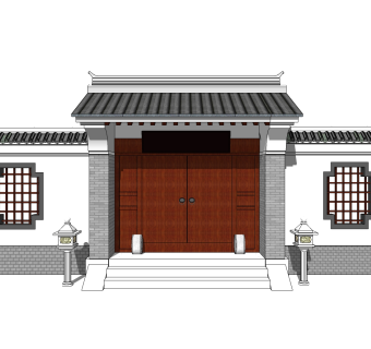中式院门院墙草图大师模型，院门院墙sketchup模型免费下载