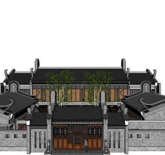 中式别墅庭院su模型下载、中式别墅庭院草图大师模型下载