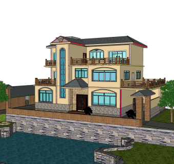 现代简约风格别墅草图大师模型，别墅SU模型下载