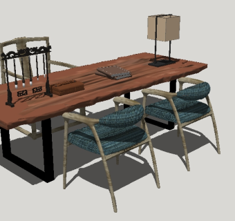 中式书桌椅组合草图大师模型，书桌sketchup模型