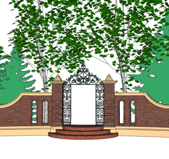 中式景观墙skp文件下载，景观墙SU模型