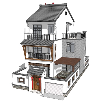 中式别墅建筑草图大师模型，古建民俗sketchup模型免费下载