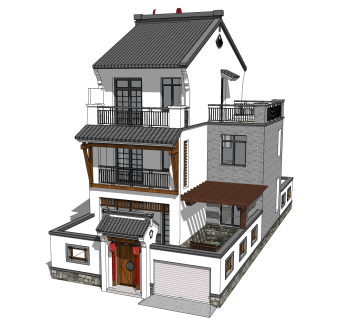 中式别墅建筑草图大师模型，古建民俗sketchup模型免费下载