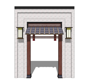 中式院门院墙草图大师模型，院门院墙sketchup模型免费下载