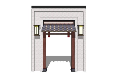 中式院门院墙草图大师模型，院门院墙sketchup模型免费下载