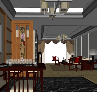 新中式客餐厅免费su模型草图大师文件下载