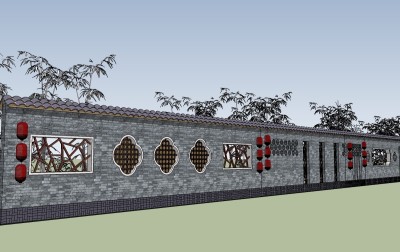 中式古建筑围墙草图大师模型，围墙sketchup模型skp文件分享