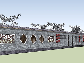 中式古建筑围墙草图大师模型，围墙sketchup模型skp文件分享