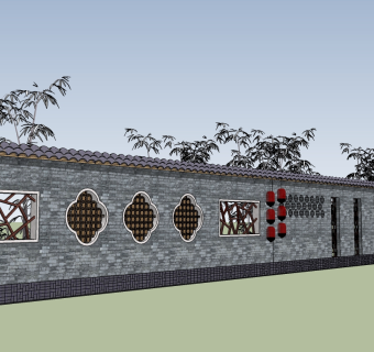 中式古建筑围墙草图大师模型，围墙sketchup模型skp文件分享