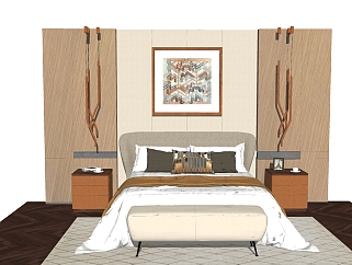 <em>现代卧室</em>双人床组合草图大师模型，双人床su模型下载