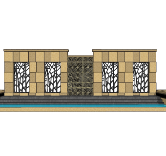中式景观墙SU模型下载，景观墙skb模型分享