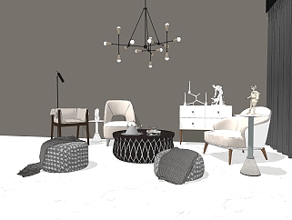 现代休闲椅沙发凳组合草图大师模型，沙发凳sketchup模型下载