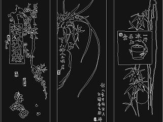 原创梅兰竹菊装饰画背景墙CAD平面图，背景墙素材全套施工图纸下载