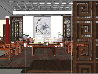 中式家装客厅su模型，客厅桌椅餐桌草图大师模型下载