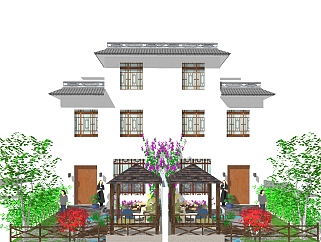 新中式连排别墅草图大师模型，连排别墅sketchup模型免费下载