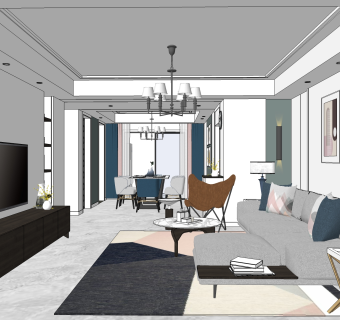 现代简约客餐厅su模型，客餐厅sketchup模型下载