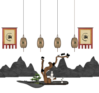 中式风格特色景观小品草图大师模型下载、中式特色su模型下载