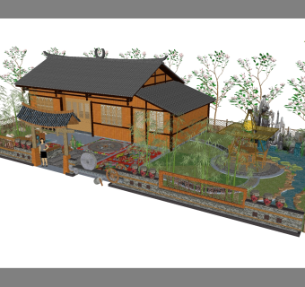 中式复古风农家乐设计草图大师模型，农家乐设计sketchup模型下载