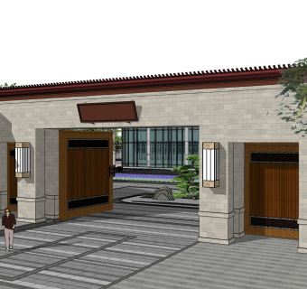 新中式售楼处建筑方案草图大师模型，售楼部建筑沙盘sketchup模型免费下载