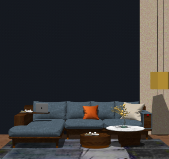 现代布艺多人转角沙发su模型，现代布艺多人转角沙发skp模型下载