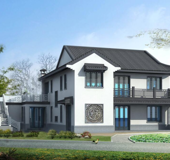 中式风格乡村别墅设计图纸，二层新农村自建房效果图下载
