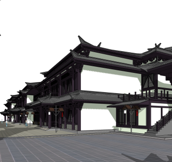 新中式商业街草图大师模型，商业综合体sketchup模型免费下载