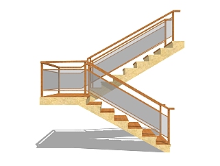 现代实木双跑平行楼梯草图大师模型，实木双跑平行楼梯sketchup模型免费下载