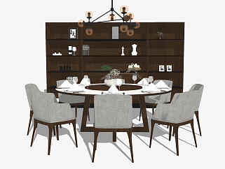 现代中式<em>圆形</em>餐桌椅su模型，餐桌sketchup模型下载
