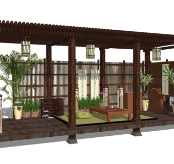 新中式实木廊架草图大师模型，实木廊架sketchup模型下载